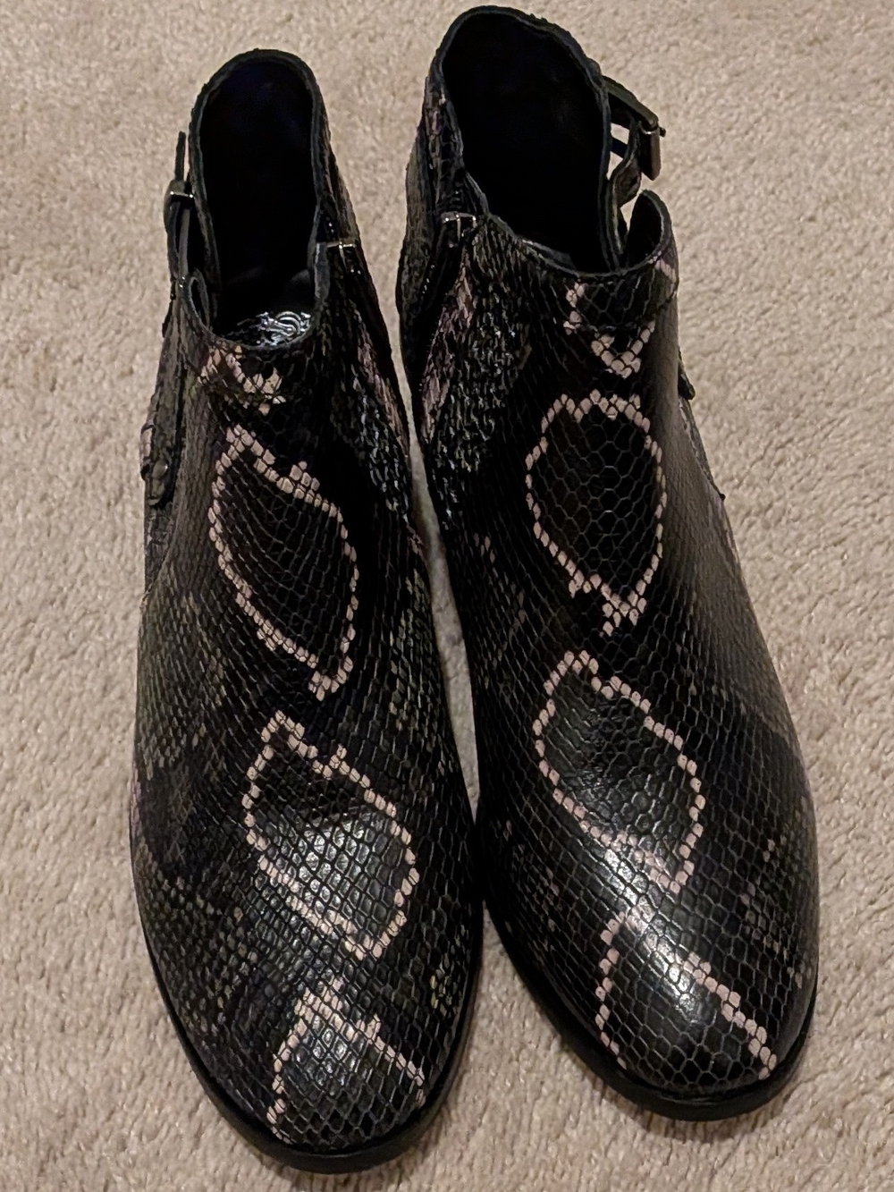 Vince Camuto Pamma Black Green Snake-Print Booties 10M Used-Excellent Condition!